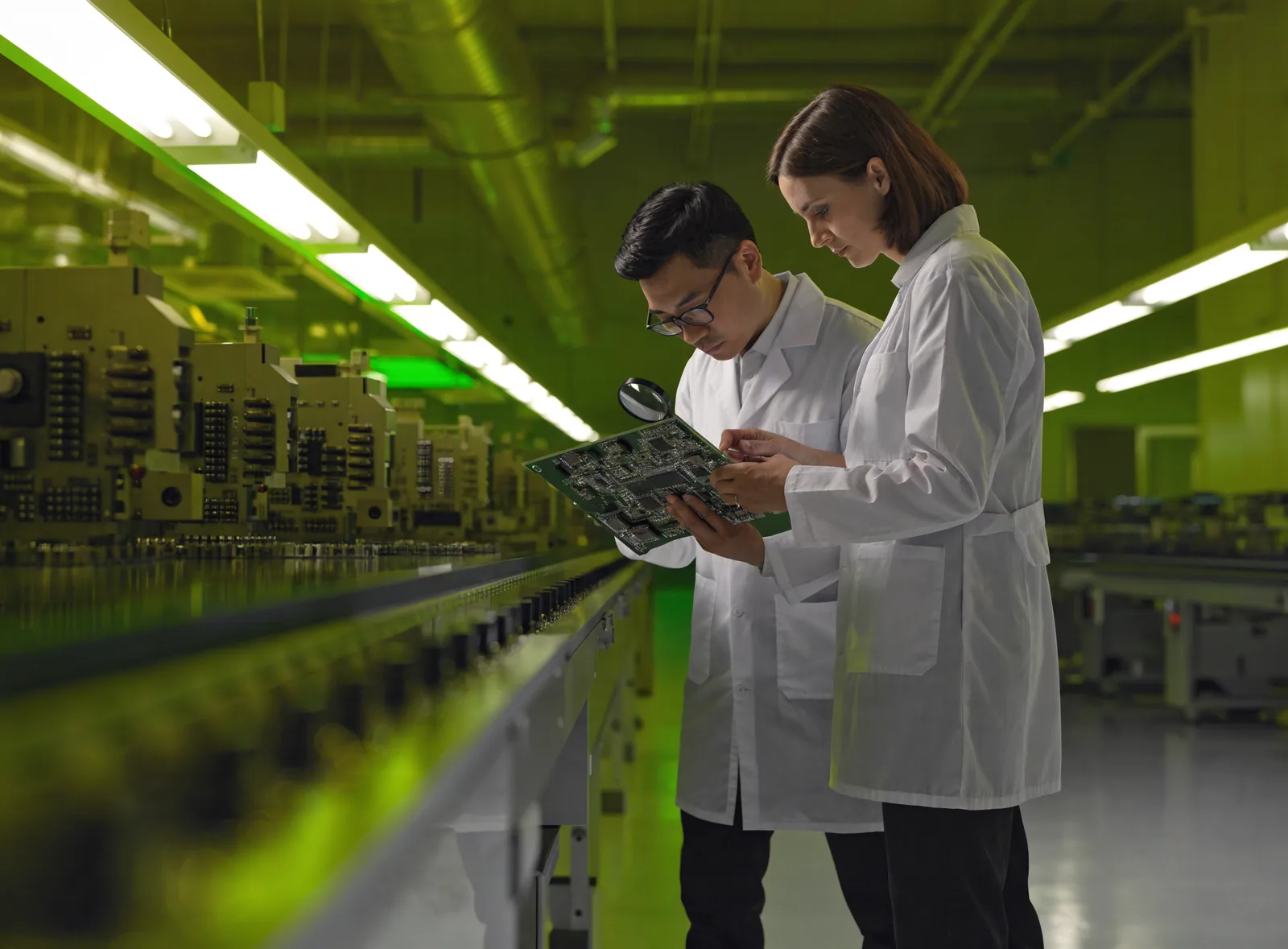 Two engineers inspecting a circuit board in a modern electronics manufacturing facility